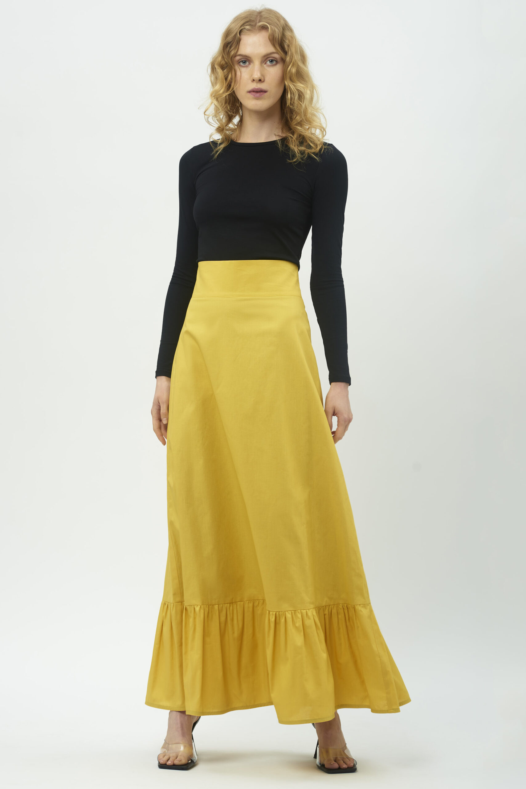 spódnica maxi, z falbaną, długa, żółta, spódnica z wysokim stanem, oryginalna