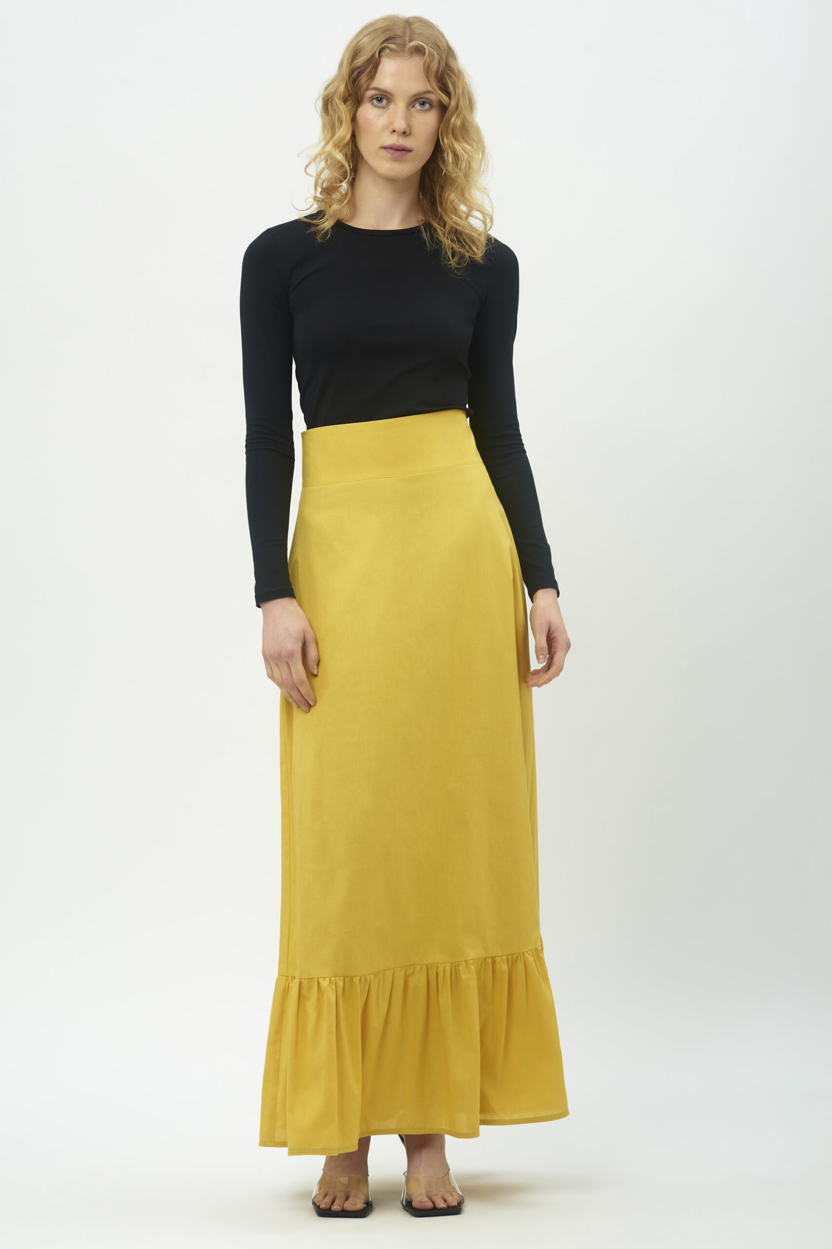 spódnica maxi, z falbaną, długa, żółta, spódnica z wysokim stanem, oryginalna