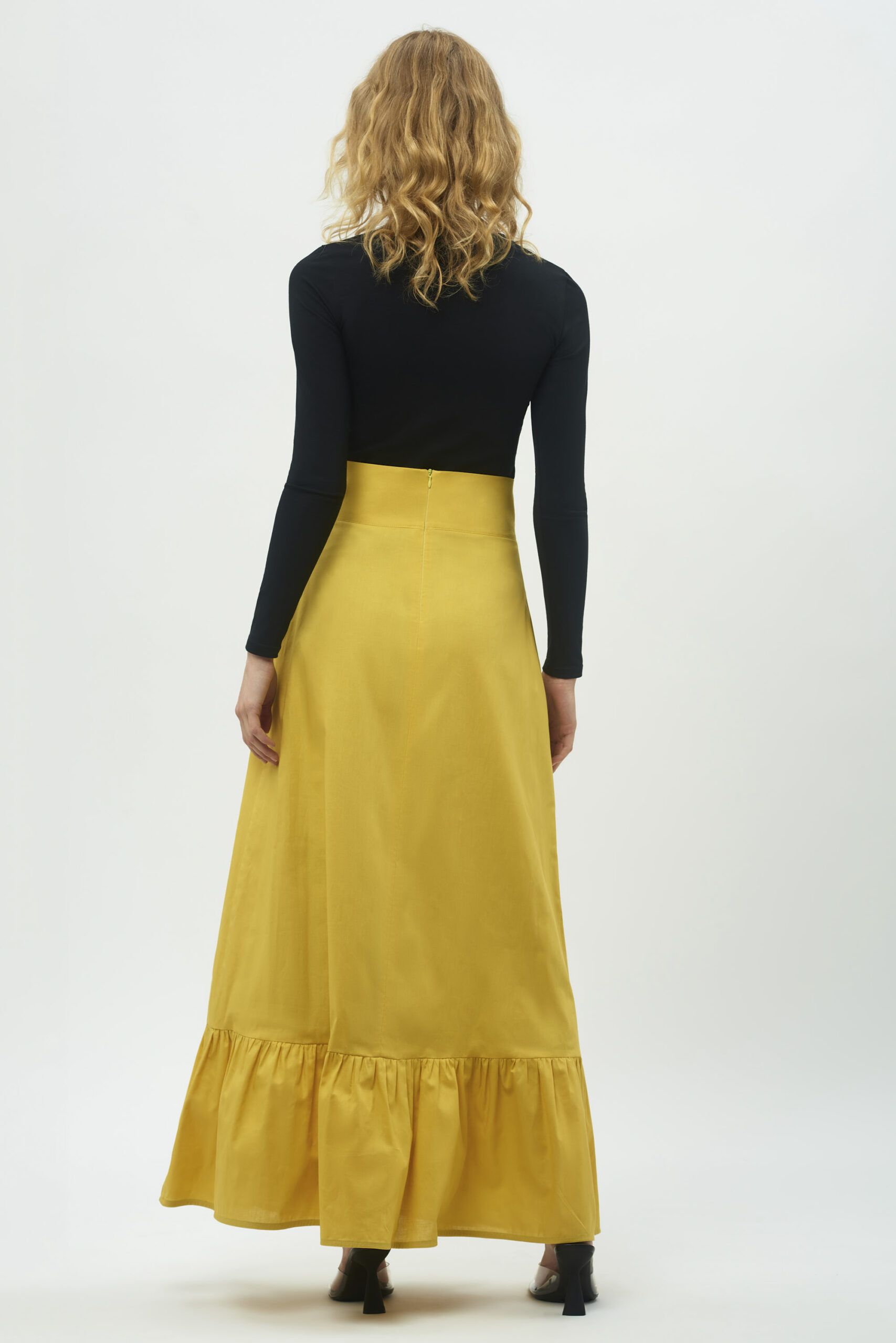spódnica maxi, z falbaną, długa, żółta, spódnica z wysokim stanem, oryginalna